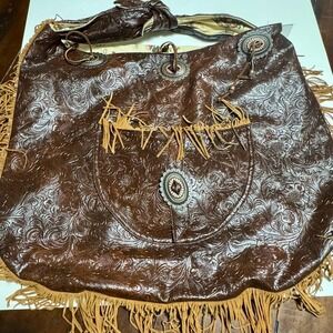 Brown Embossed Leather Fringe Shoulder Bag Boho Western‎ Crossbody Purse
